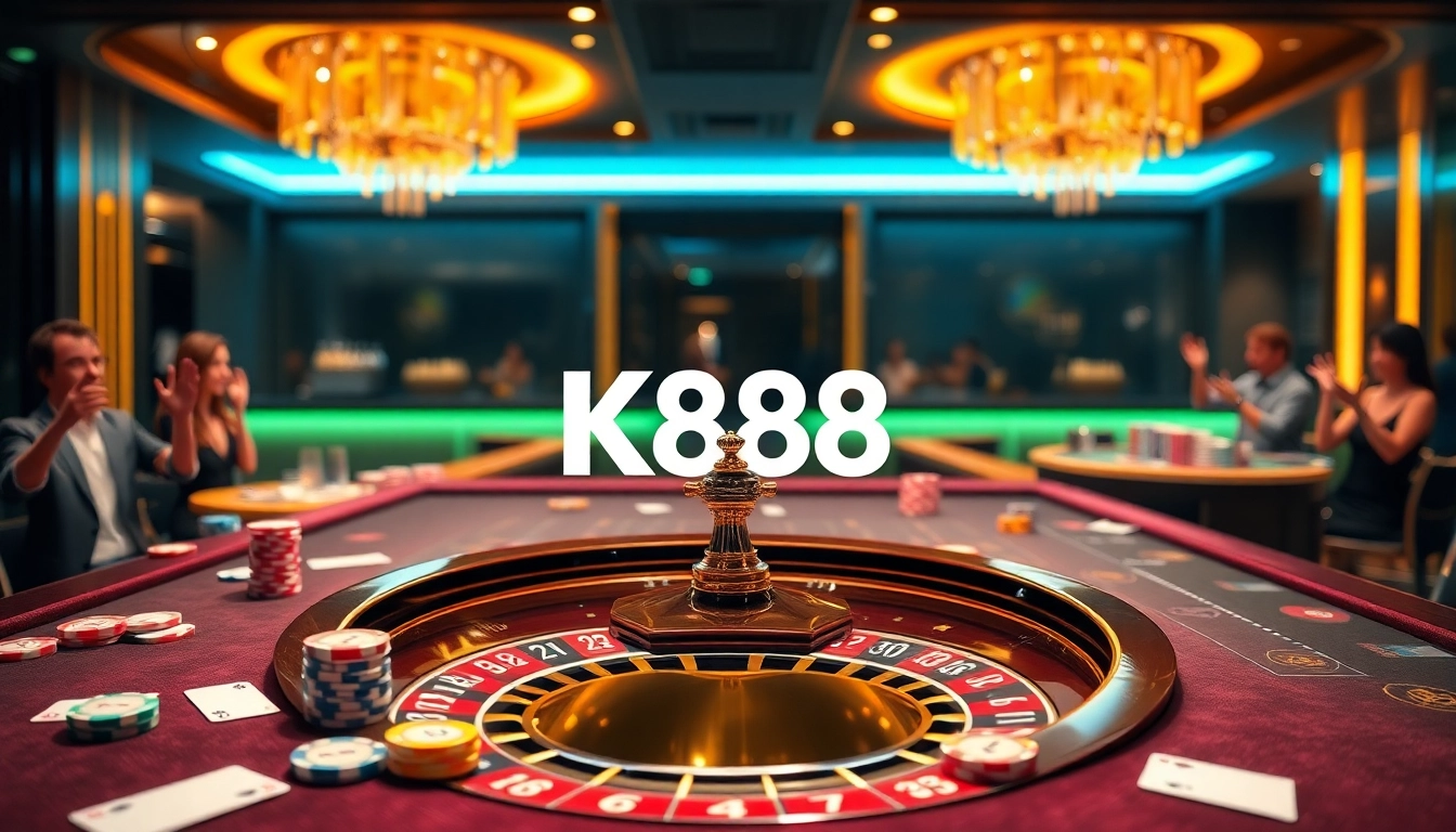 K88 players enjoying a lively game at a vibrant casino table with poker chips and roulette wheel.