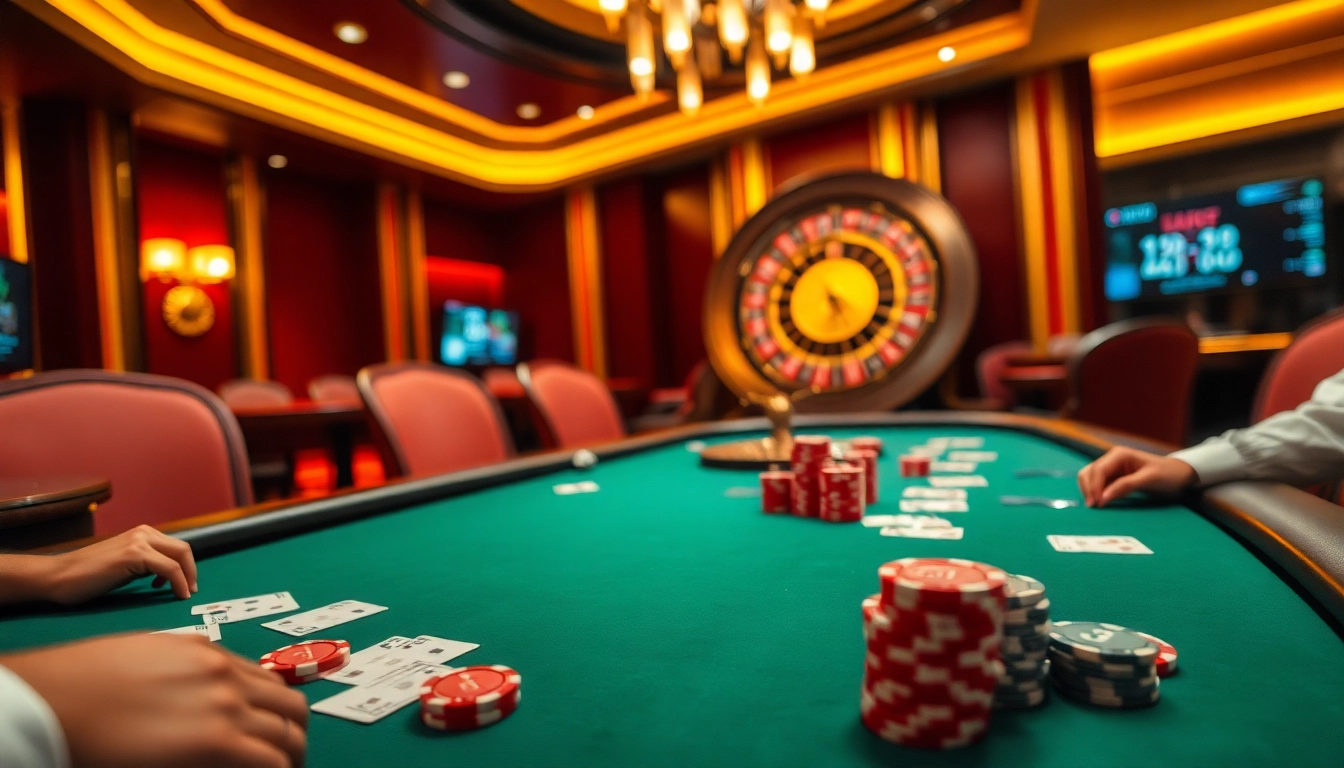 Players at a poker table analyzing tỷ lệ kèo odds in a luxurious casino setting.