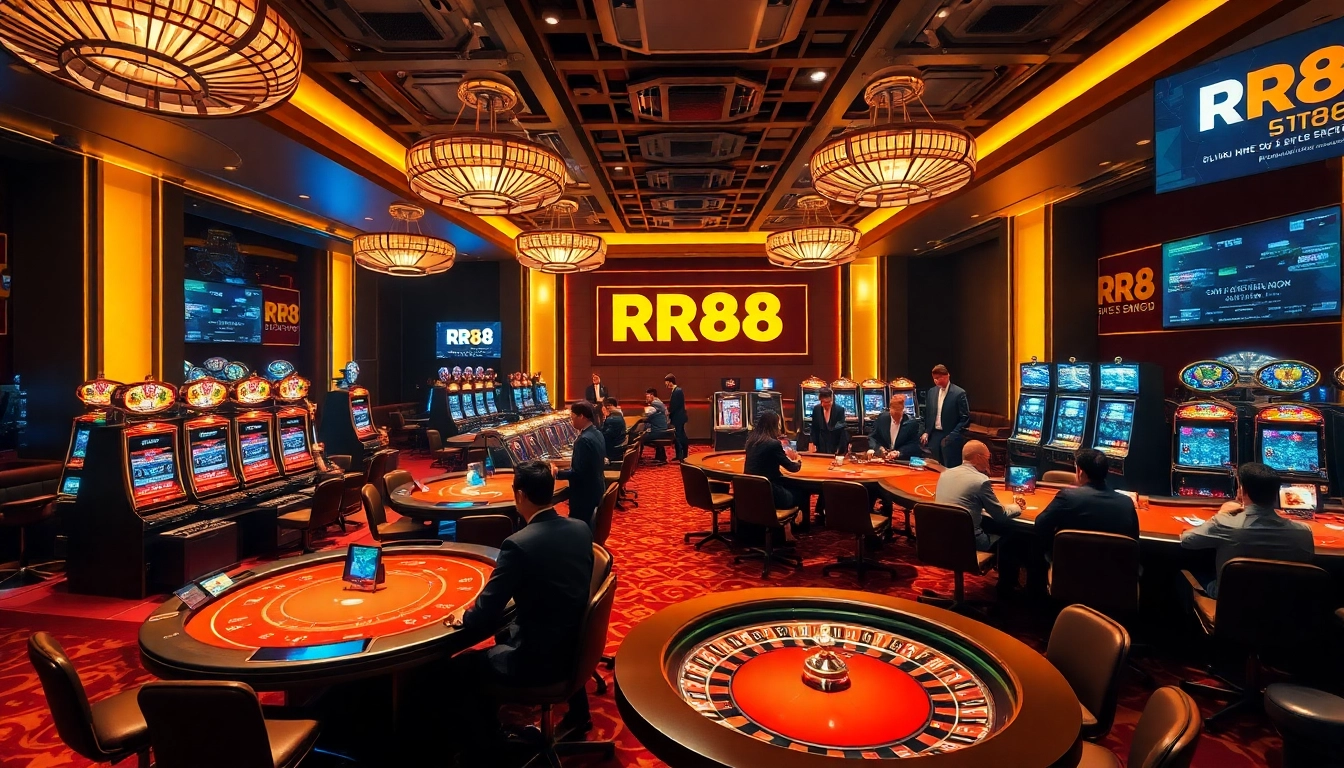 RR88 players enjoying a vibrant casino atmosphere filled with poker tables and slot machines.