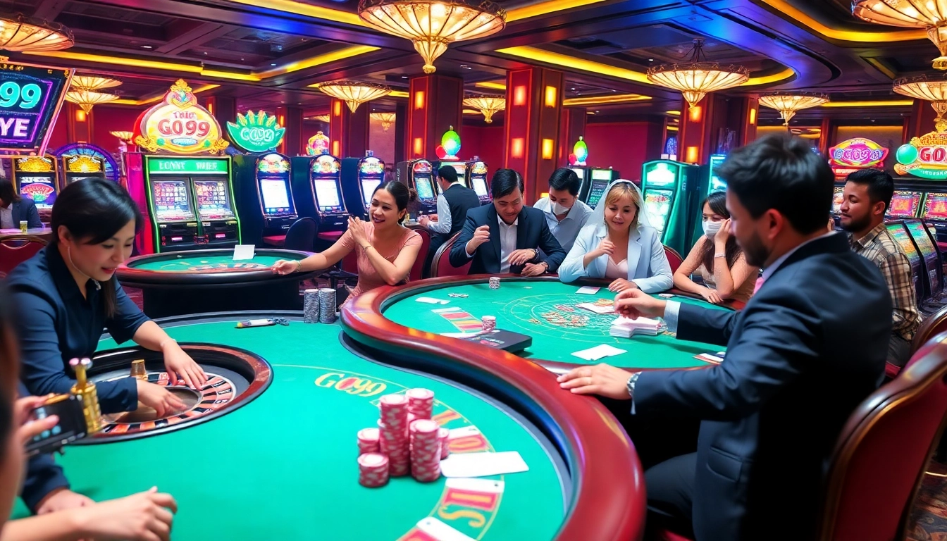 GO99 casino players enjoying vibrant gambling activities at luxurious tables with chips and cards.