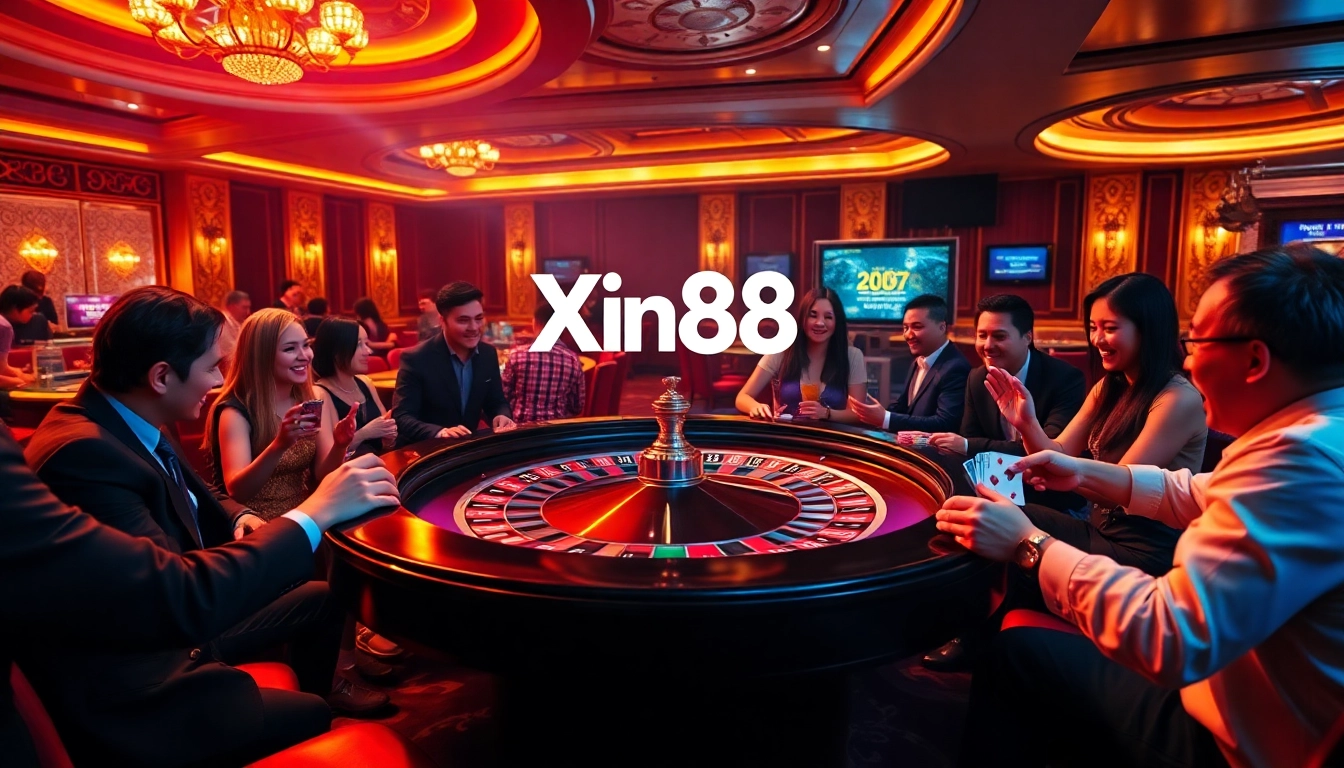 Players enjoying a thrilling roulette game at Xin88 casino, showcasing luxurious ambiance and excitement.