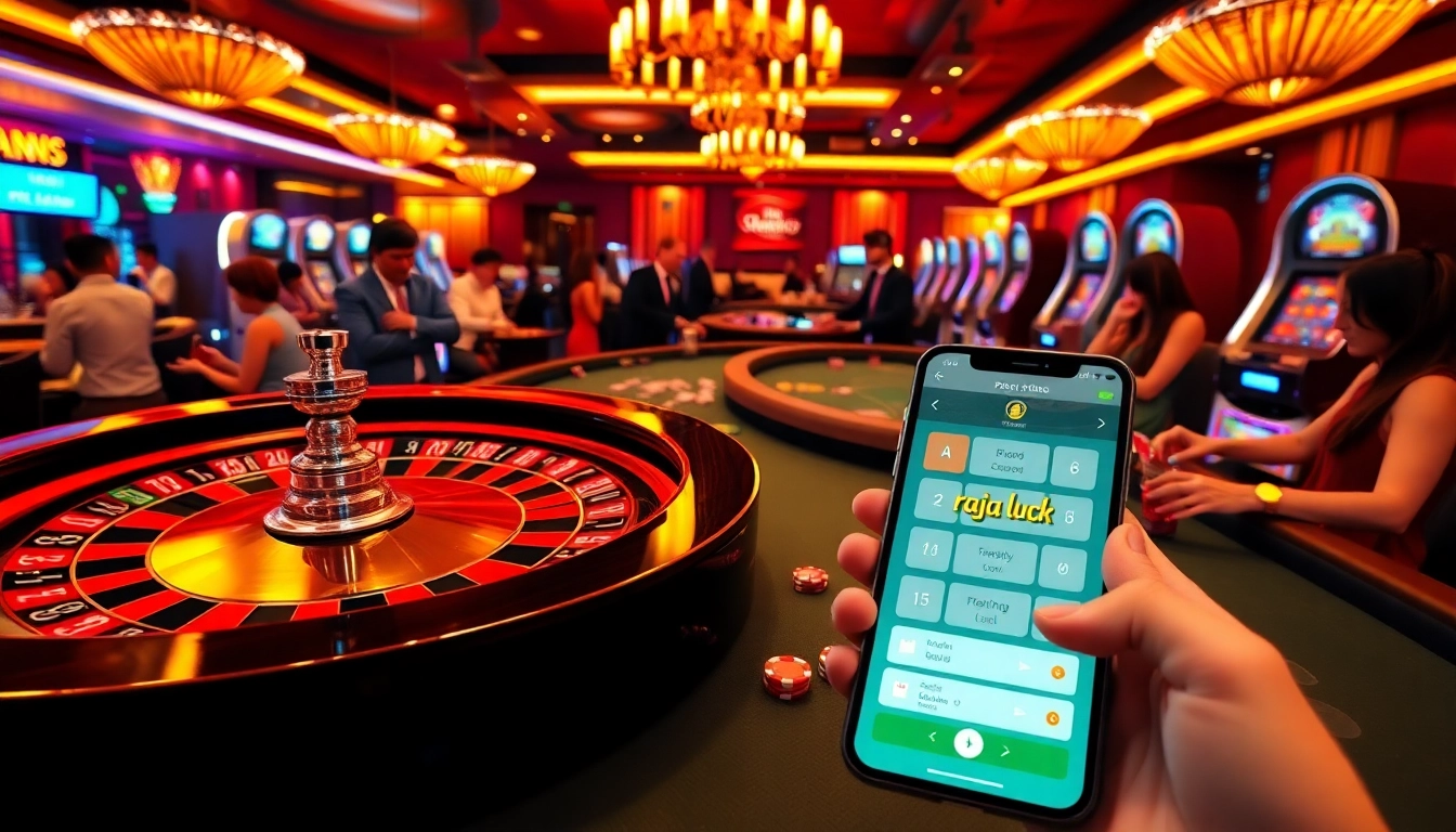 Engaging players immerse in the thrilling raja luck gaming experience amidst vibrant casino elements.