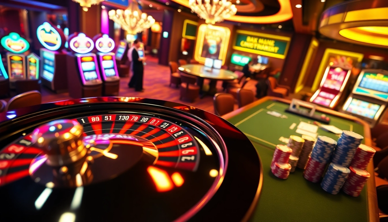 Exciting gaming scene at Ee88 casino with roulette wheel, poker chips, and vibrant atmosphere.