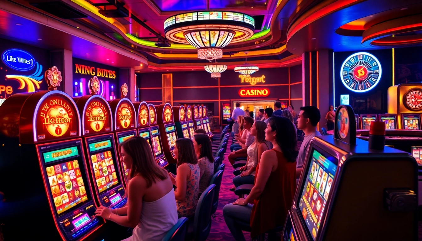 Excited players spinning reels at a Slot Online casino, showcasing vibrant machines and a luxury atmosphere.