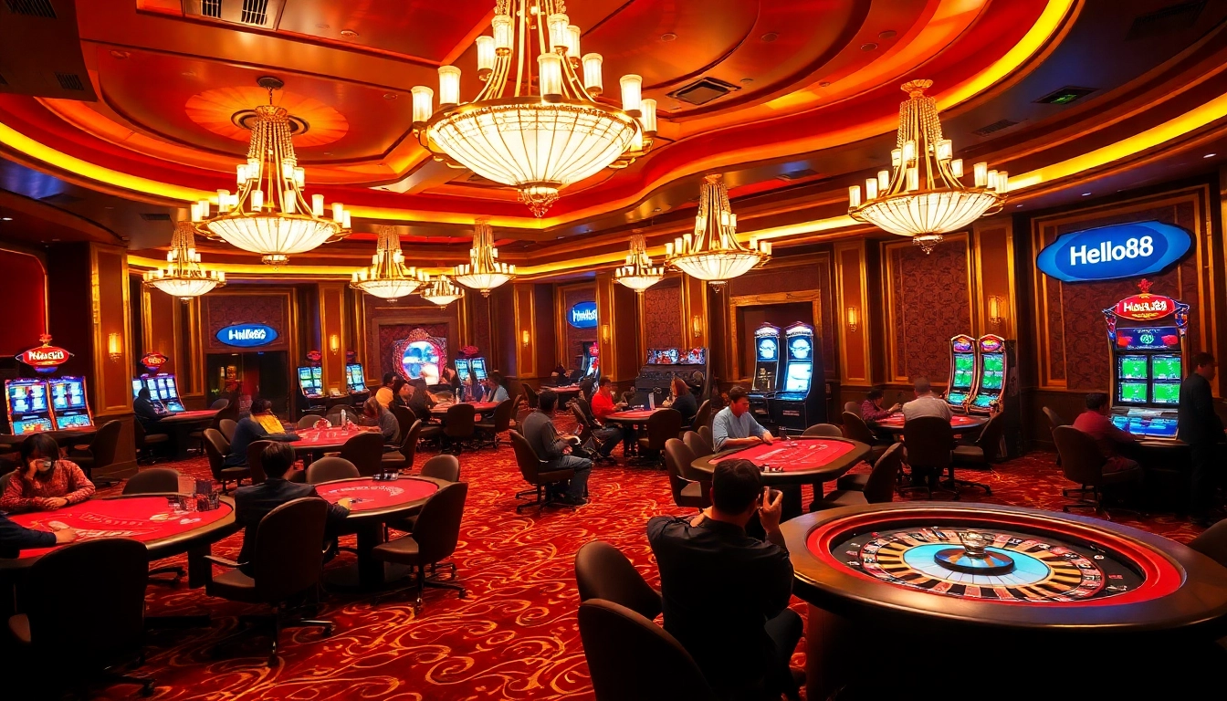 Hello88 gaming scene showcasing an exciting casino atmosphere with poker tables, players, and vibrant slot machines.