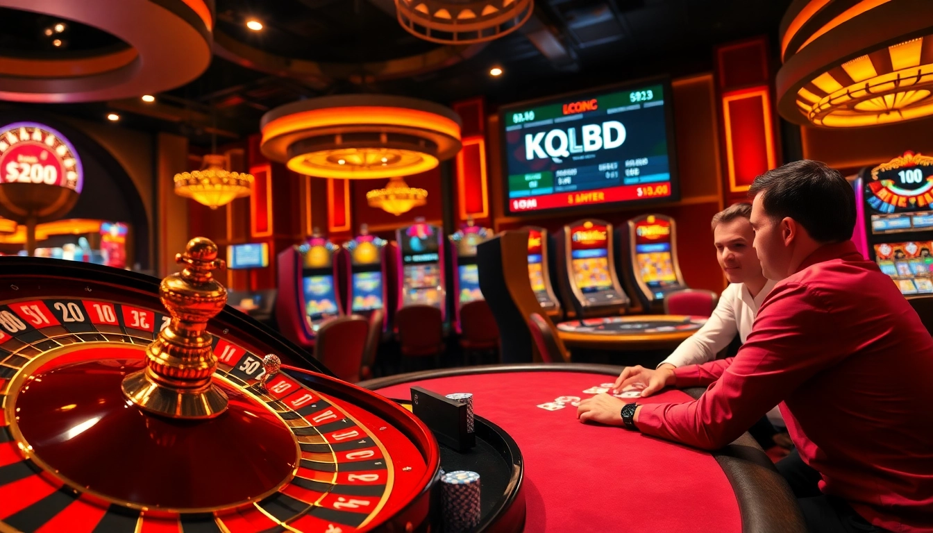 KQBD sports updates displayed in a vibrant casino scene with roulette and poker tables.