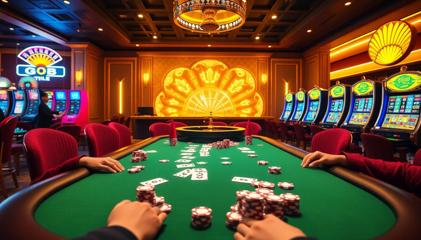 Experience the thrill of gambling at a luxurious casino showcasing GO8 poker tables with vibrant chips and cards.