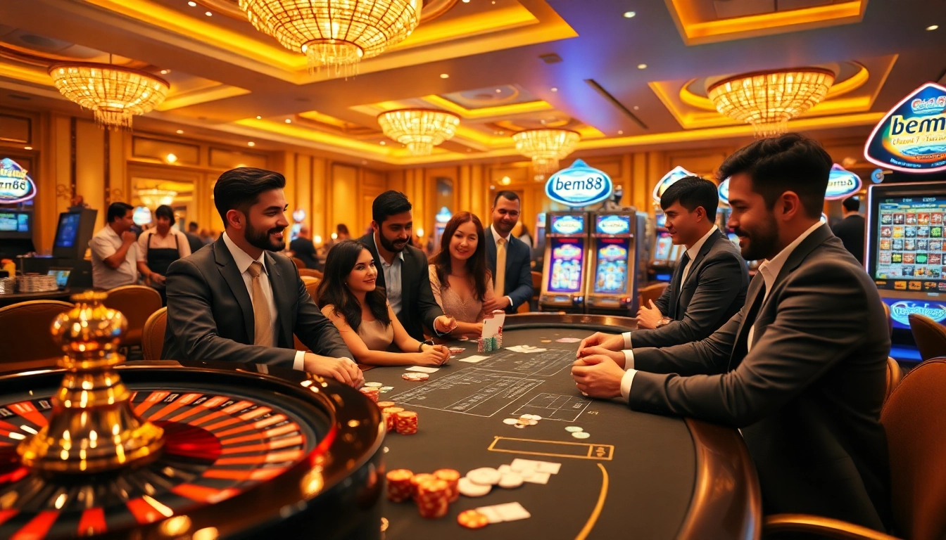Players engaging with bem88 at a vibrant casino filled with roulette and poker games.