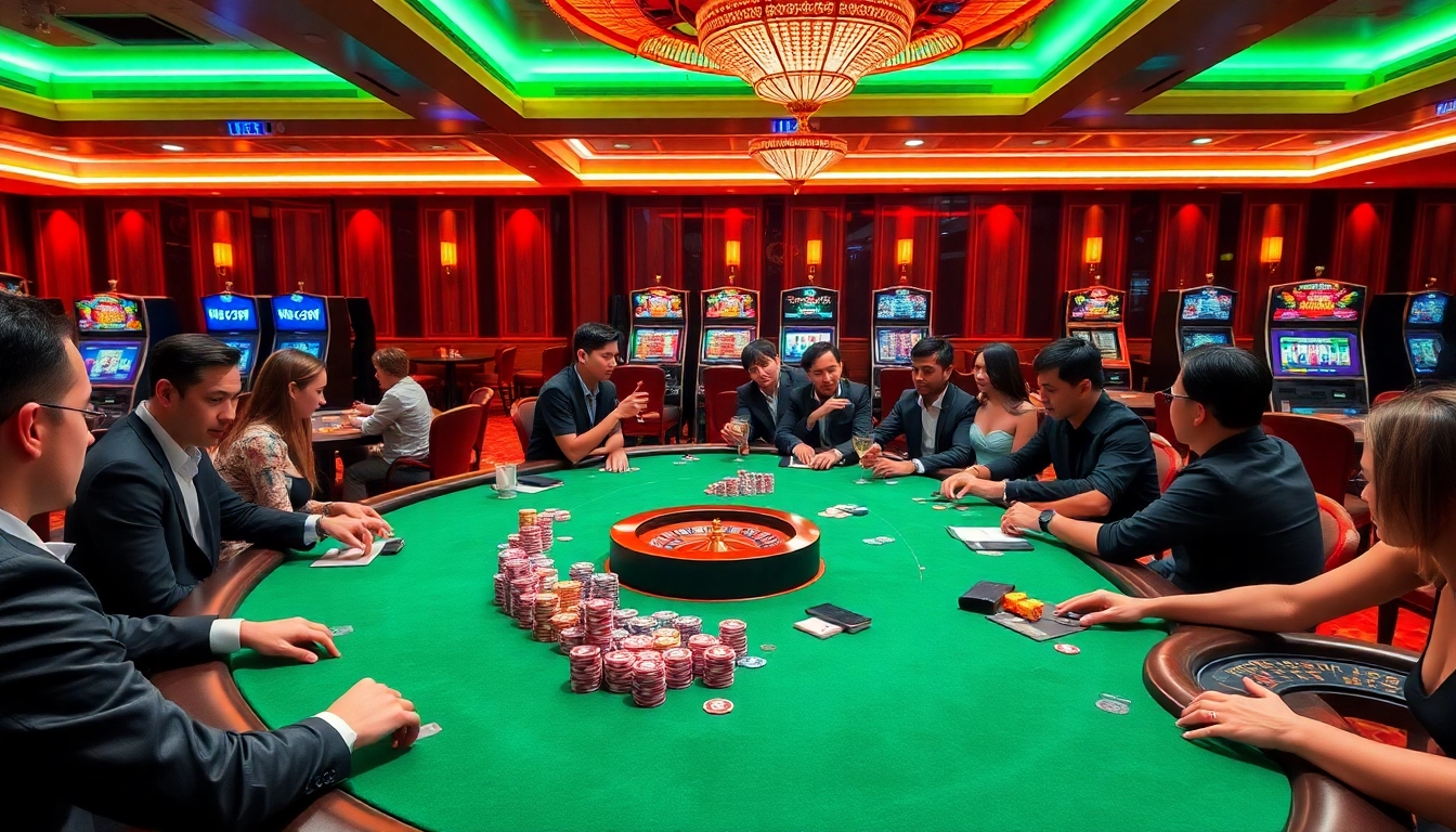 Dynamic scene of players at a luxurious casino table at nhà cái 79king, celebrating wins and enjoying the game.