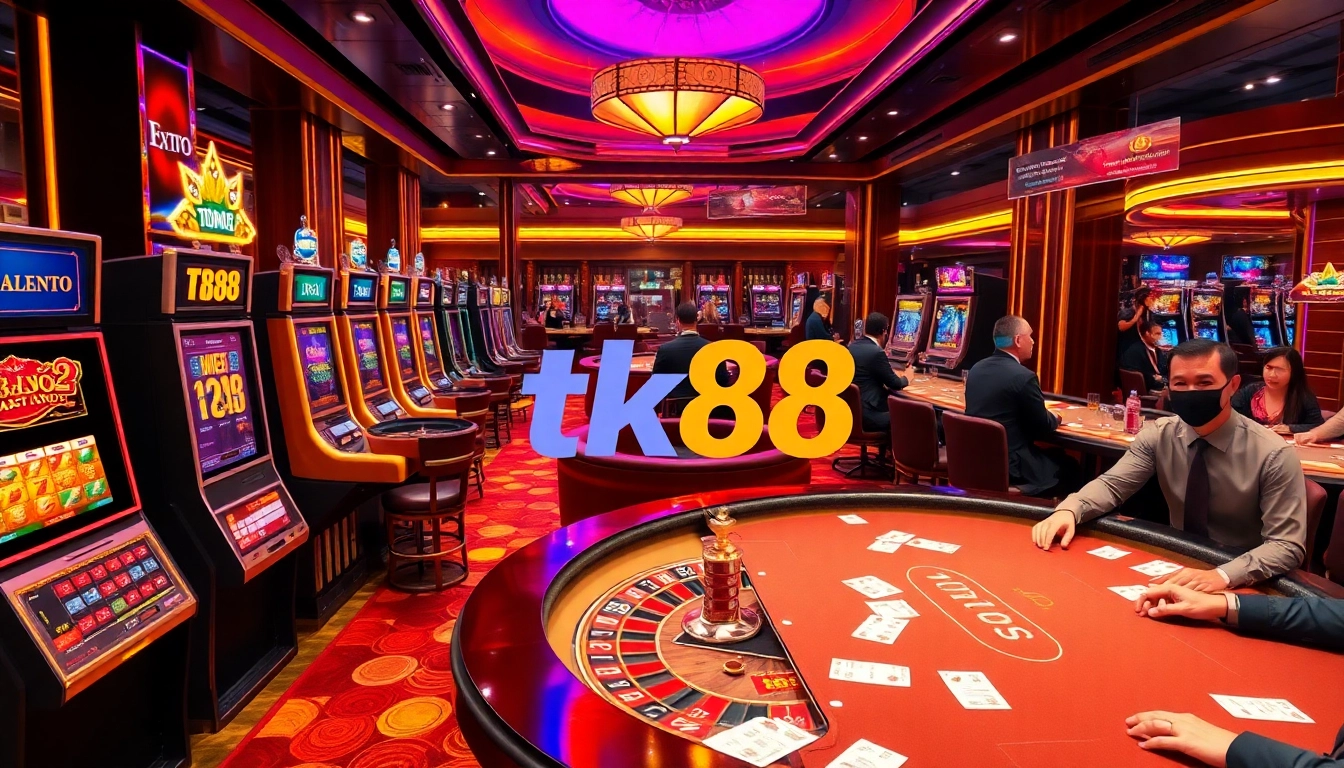 Experience the thrilling atmosphere of tk88 with vibrant casino games, poker tables, and roulette action.