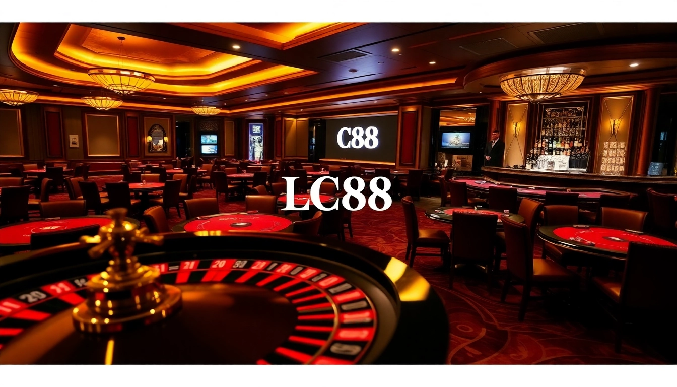 Exciting LC88 casino scene with roulette, poker tables, and vibrant ambiance.