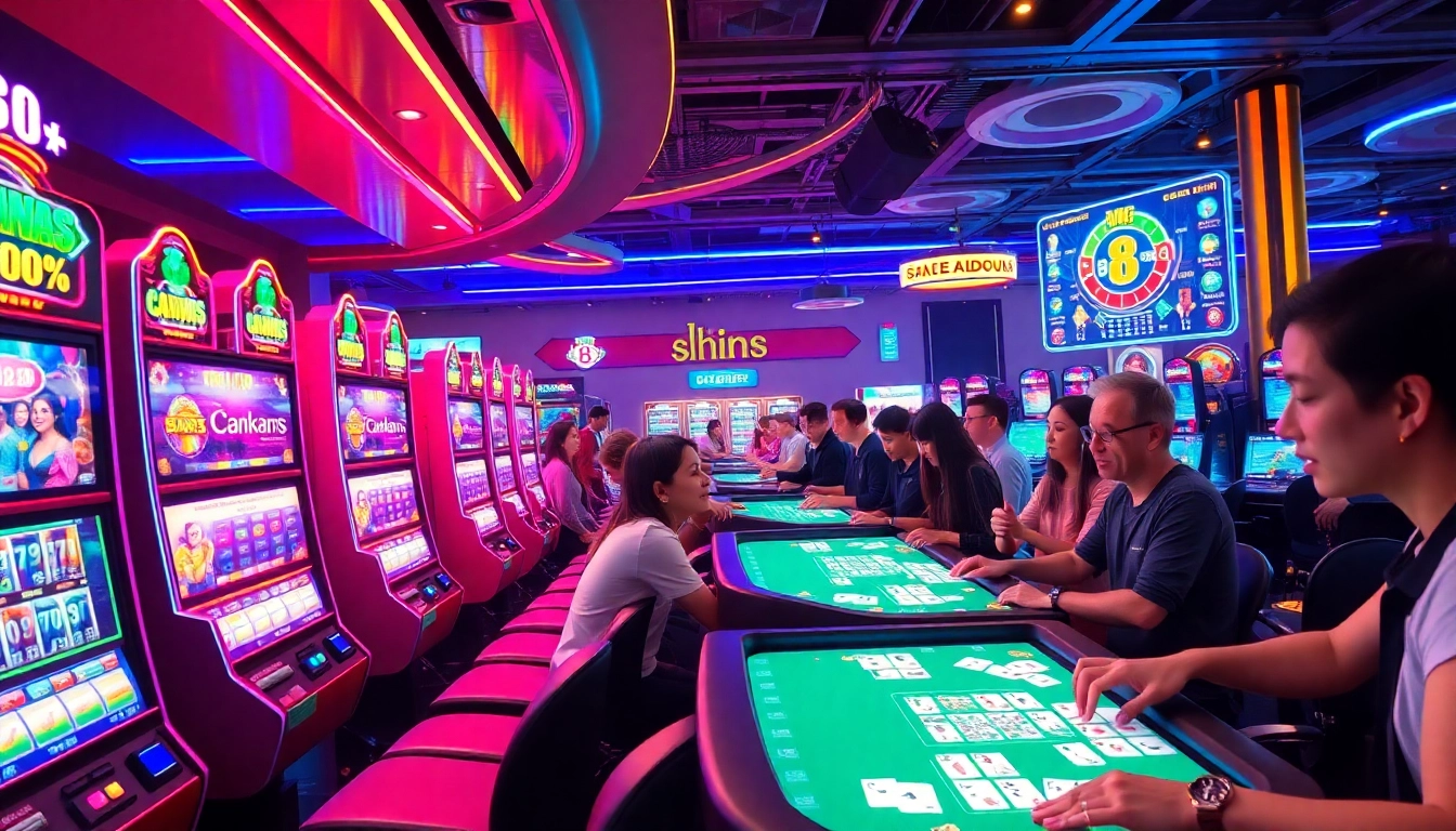 Engaging gaming scene at 8S showcasing vibrant slot machines and thrilling card games.