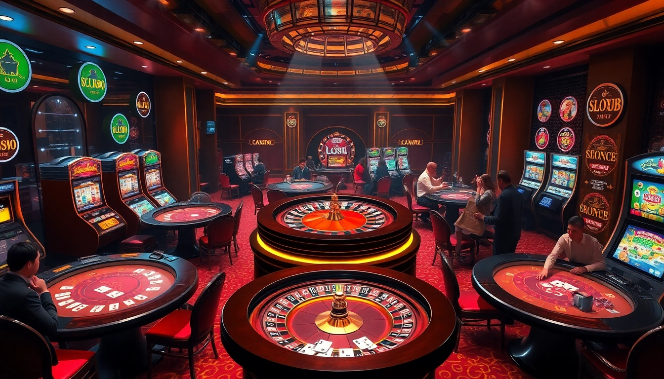 Engaged players enjoying high-stakes poker and vibrant slot machines at a luxurious casino setting, embodying luck888.