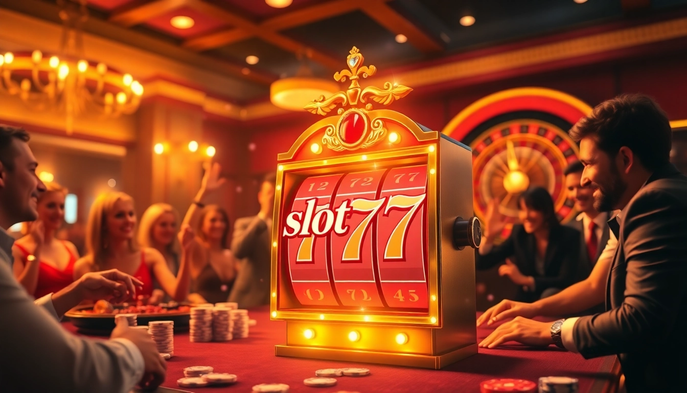 Players winning big at slot777 in a luxurious casino setting with vibrant machines and excitement.