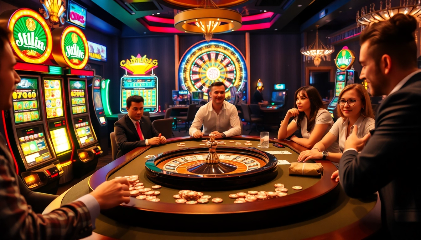 Experience the thrilling atmosphere of BDTK66 with players at a luxurious poker table surrounded by vibrant slot machines.