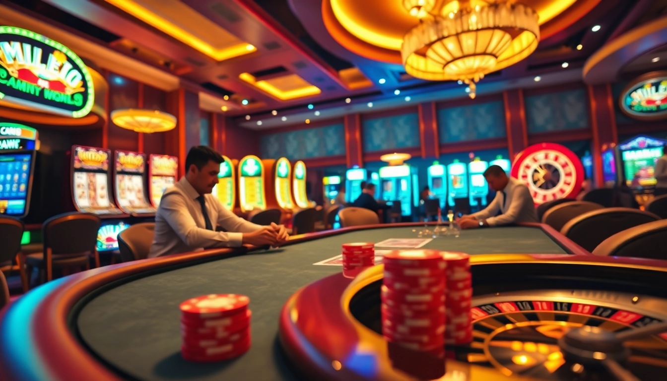 KP88 casino scene featuring players at a poker table, vibrant slot machines, and a roulette wheel in action.
