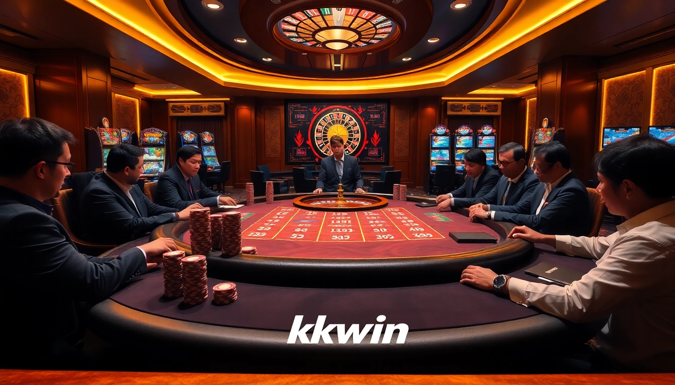Experience Kkwin's thrilling poker game environment with elegant tables and colorful chips.