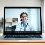 Engaging low cost telemedicine consultation with a healthcare provider in a modern office setting.