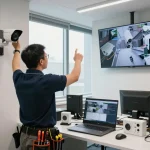 Technician configuring Honeywell HD4D camera in a high-tech surveillance setup.